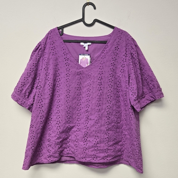 Draper James V-Neck Puff Short Sleeve Top Purple Eyelet XXL - Picture 6 of 12